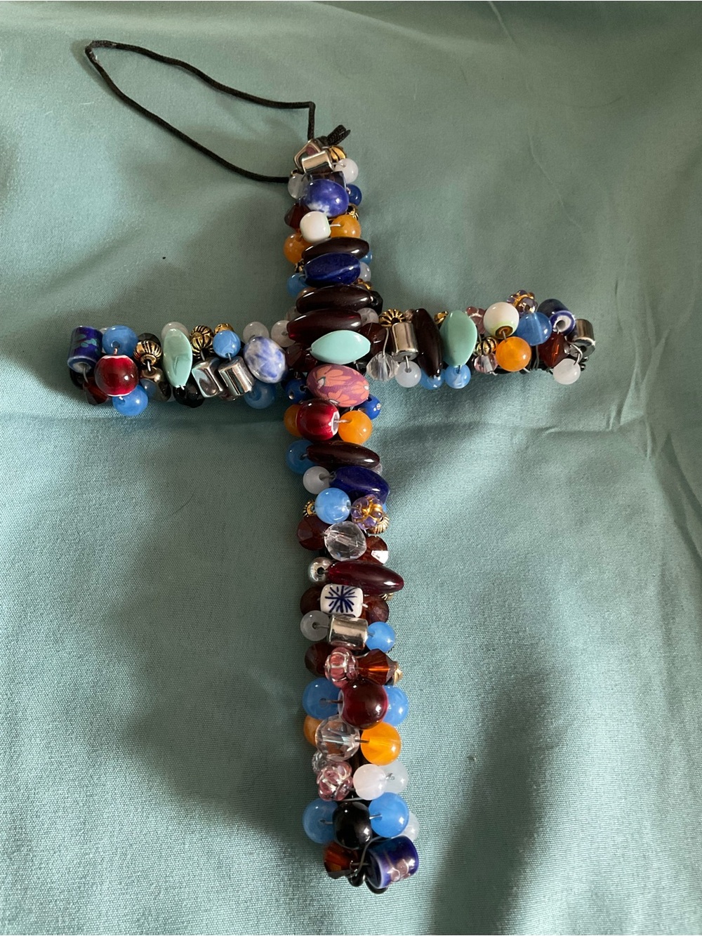 Handmade Wire-Wrapped Multicolored Beaded Wall Cross. 9 X 6”